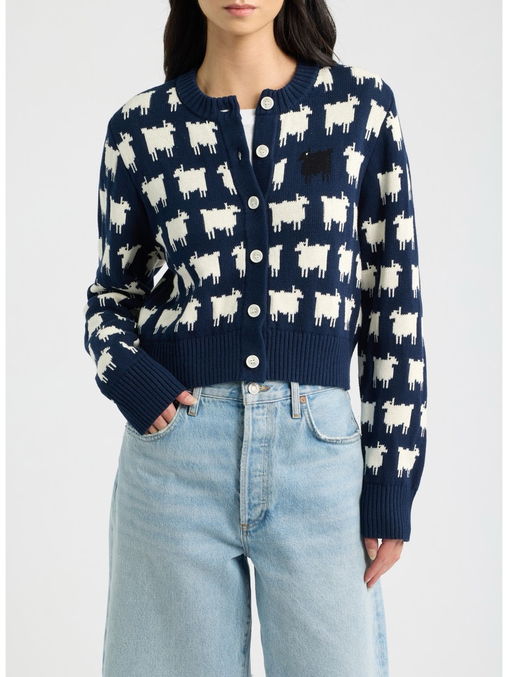 Warm& Wonderful Charlotte Cotton Cropped Sheep Cardigan Navy, S M L XL